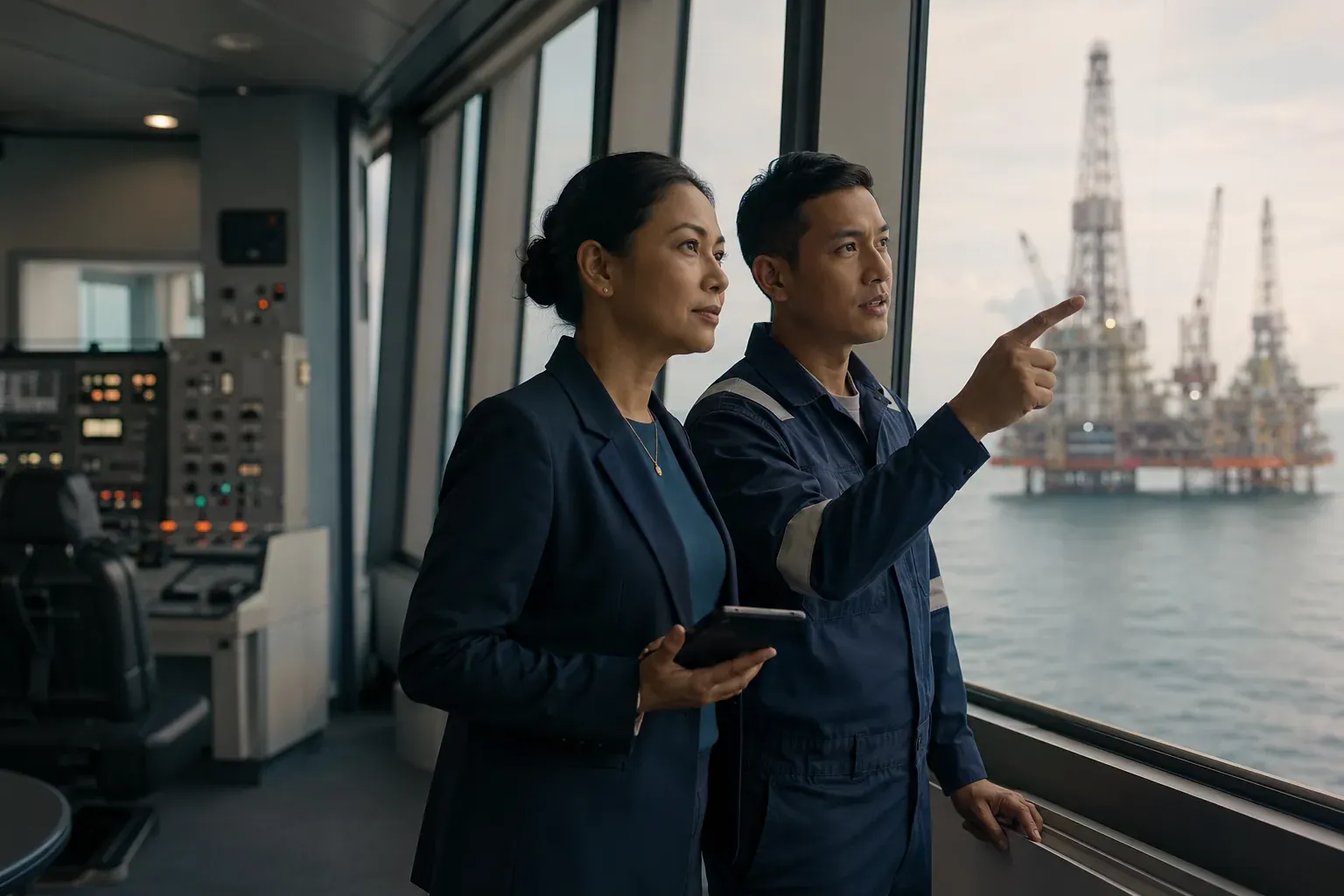 Energy executives reviewing offshore operations from a control room.