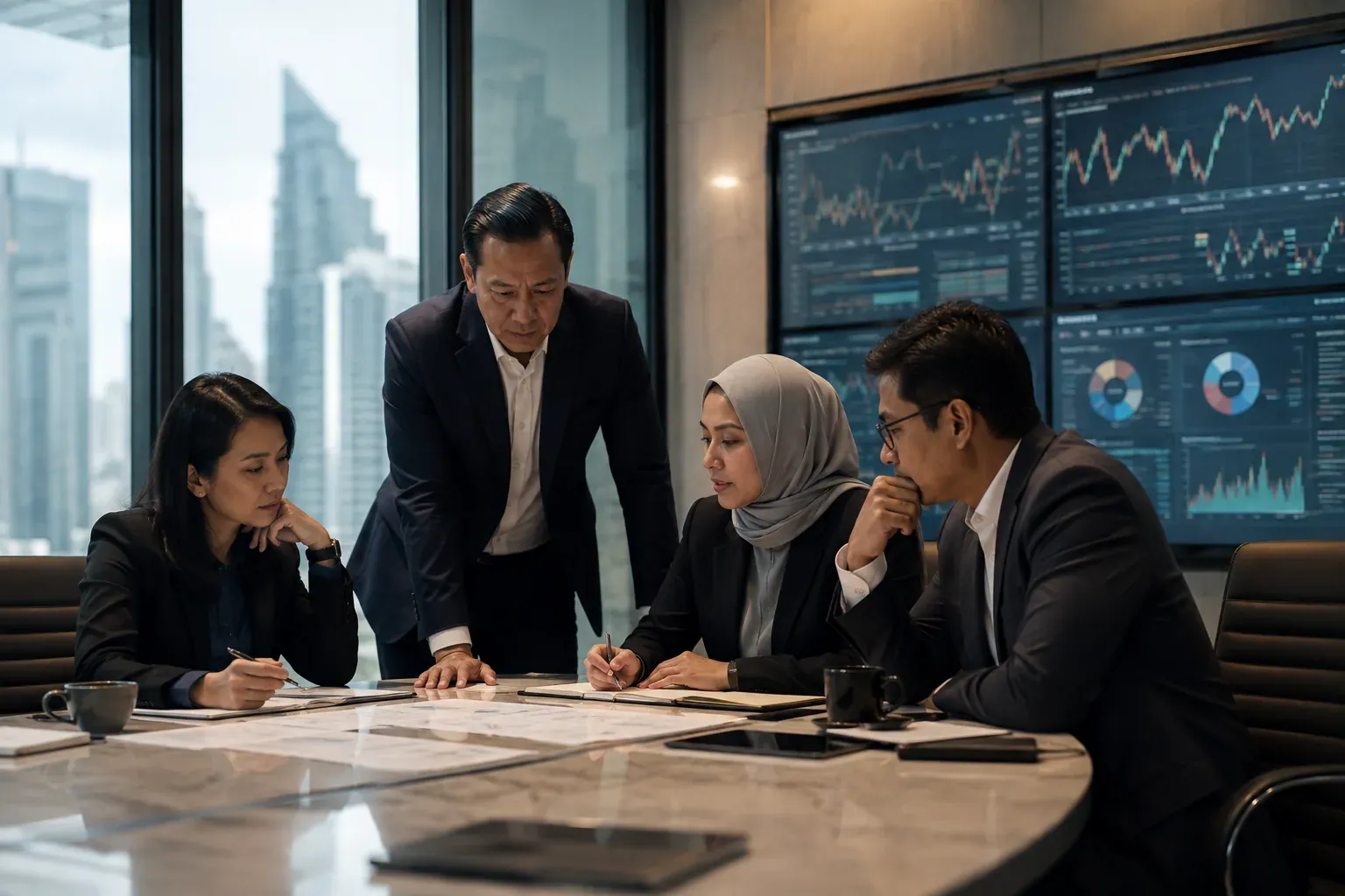 Financial services leadership team reviewing market and risk information.
