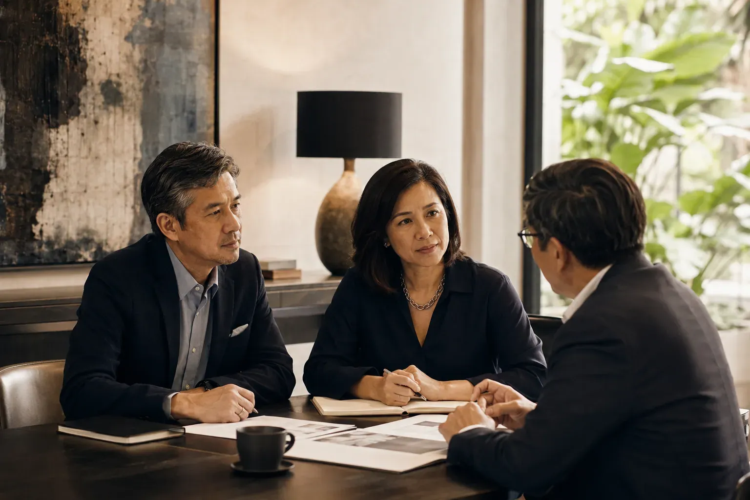 Senior advisers and a client discussing business strategy.